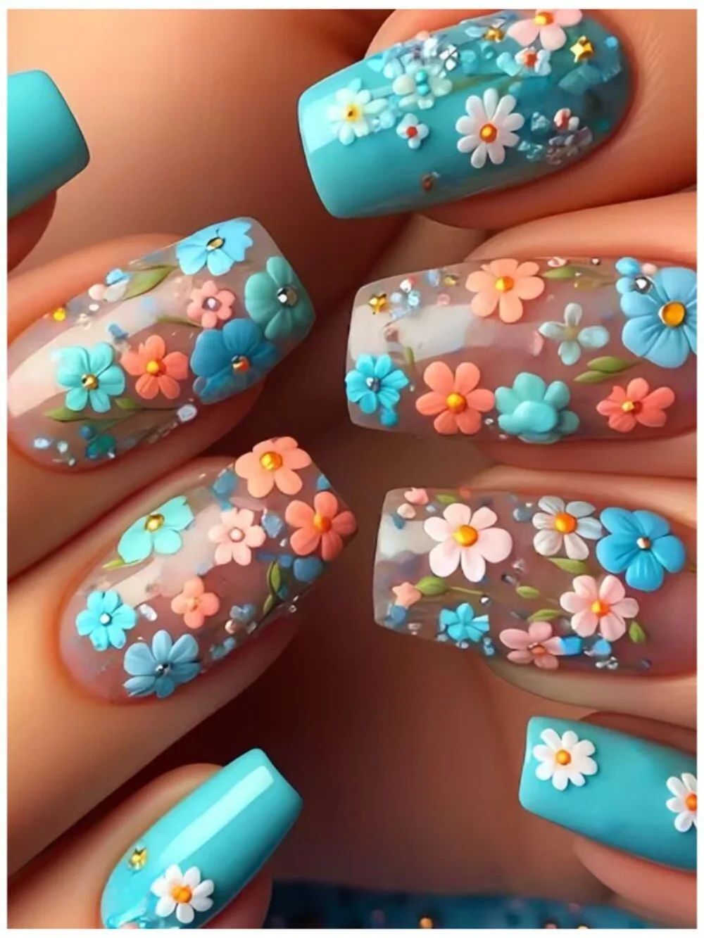 NWT Blue Floral Press On Nails Medium Square Acrylic Gel False Nail Art Set
